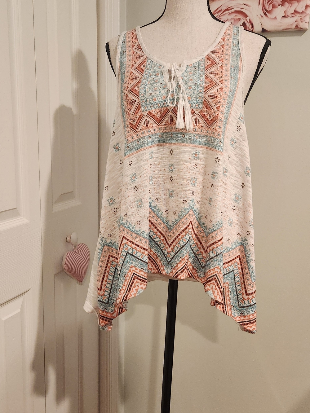 Almost Famous White Tank Top with Coral & Teal Boho Print